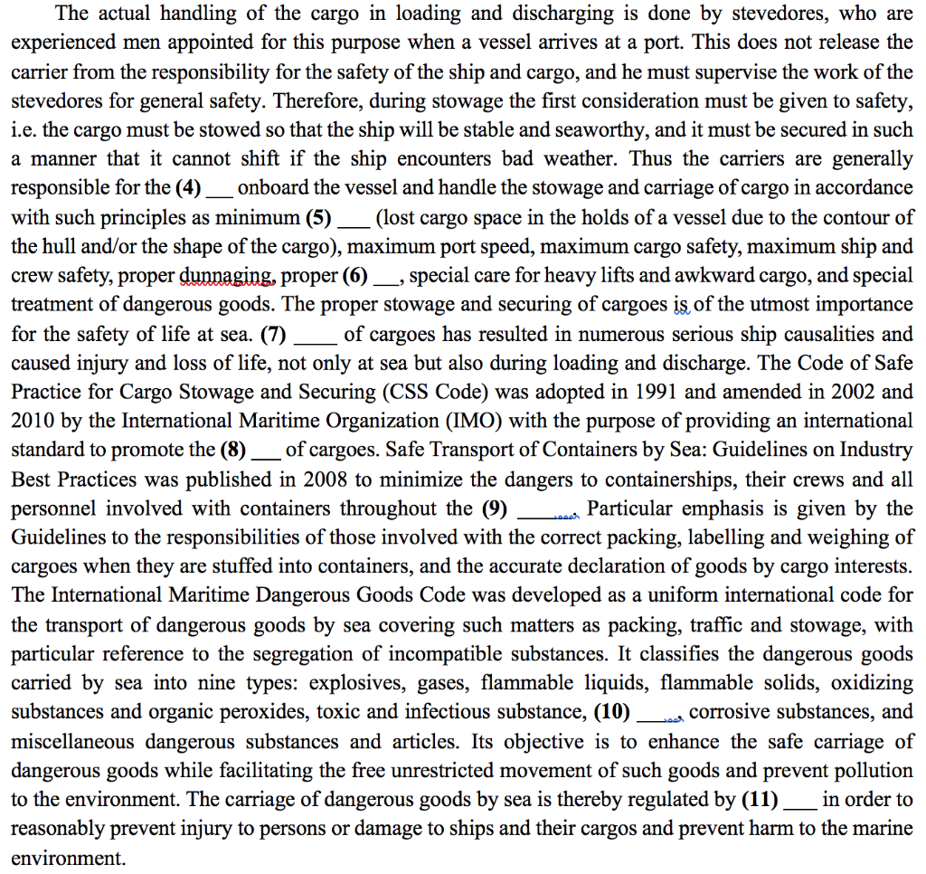 Using these terms fill in the blanks cargo