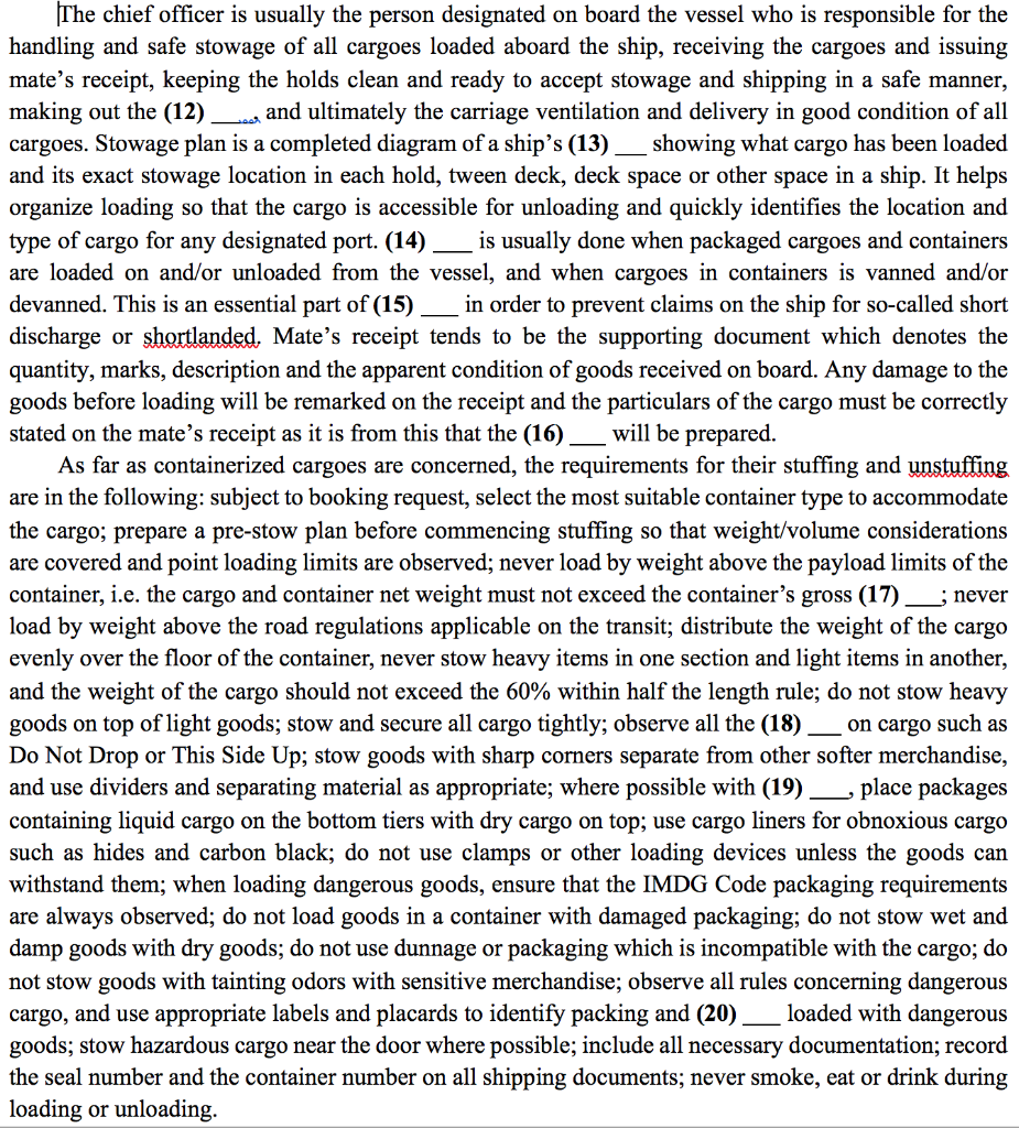 Using these terms fill in the blanks cargo