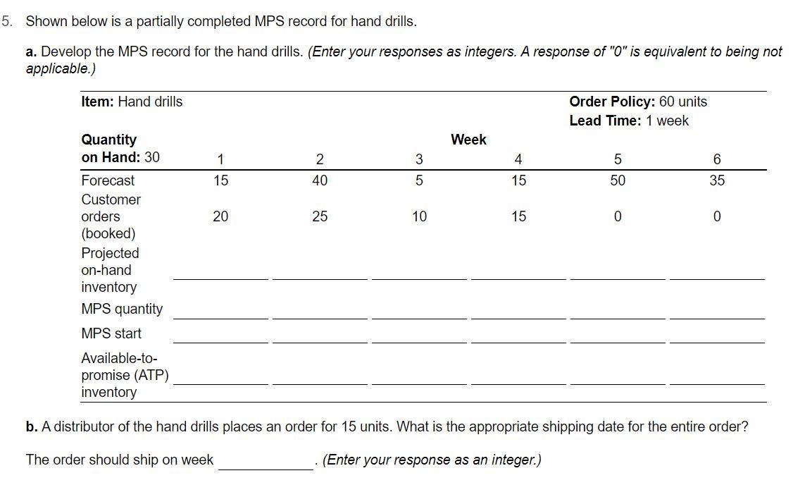 5. Shown below is a partially completed MPS
