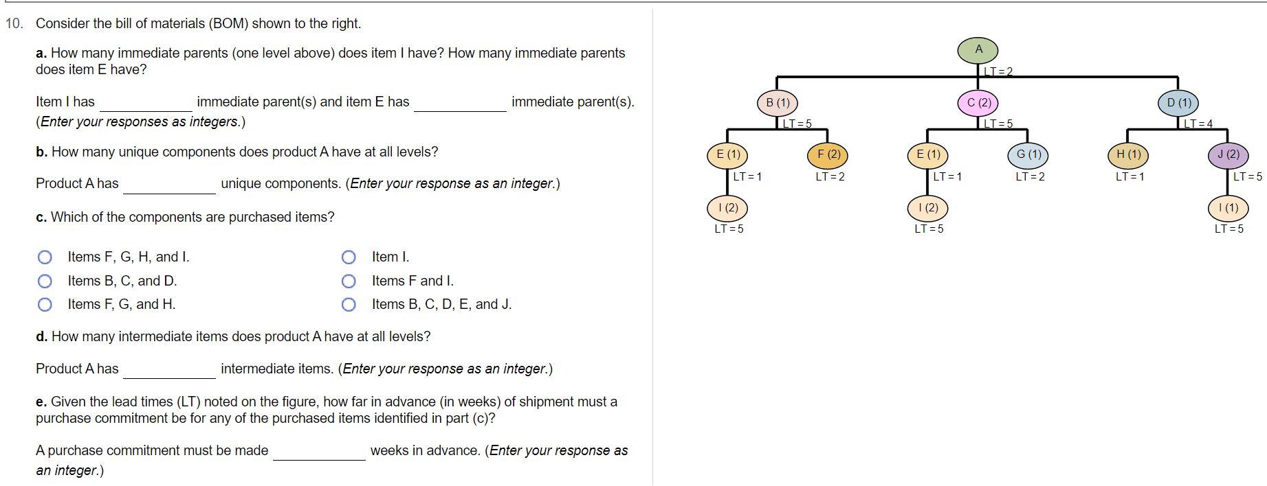 10. Consider the bill of materials (BOM) shown to