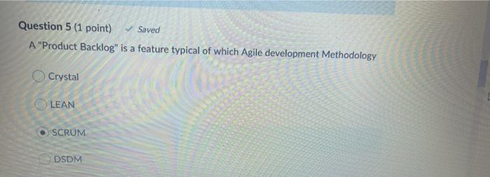 Question 5 (1 point) Saved A "Product Backlog" is