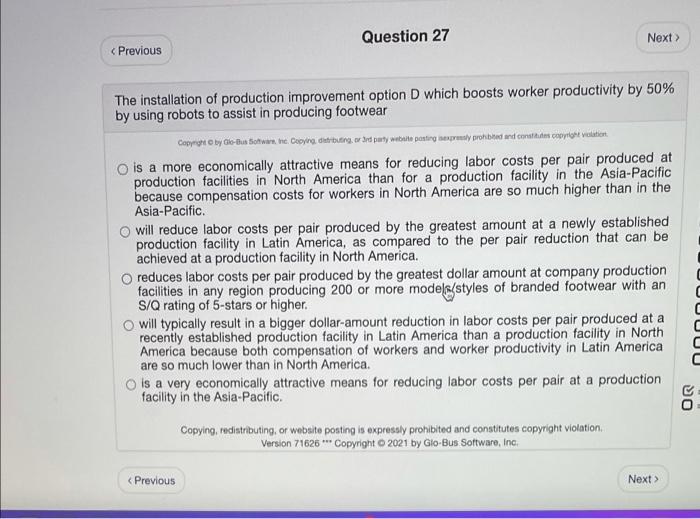 Question 27 Next > < Previous The installation of