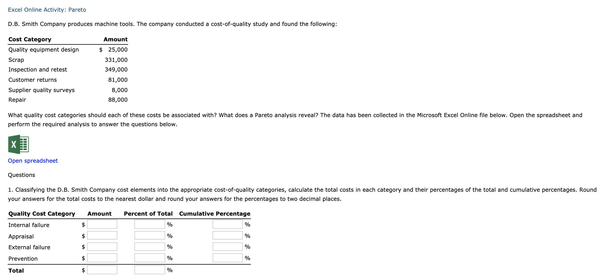 Excel Online Activity: Pareto D.B. Smith Company