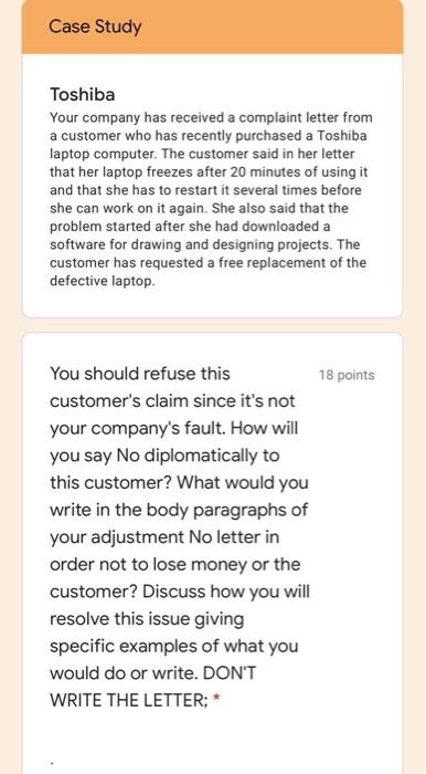 Case Study Toshiba Your company has received a