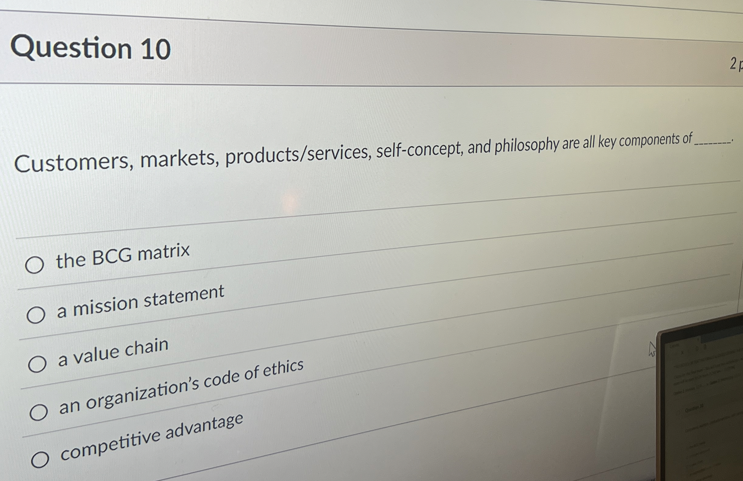 Question 1 0 Customers, markets, products /