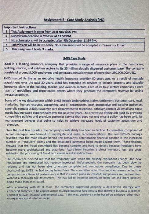 Assignment 6 - Case Study Analysis (9%) Important