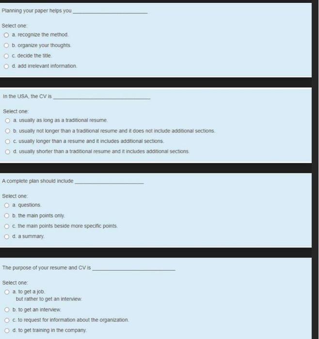 Planning your paper helps you Select one O a