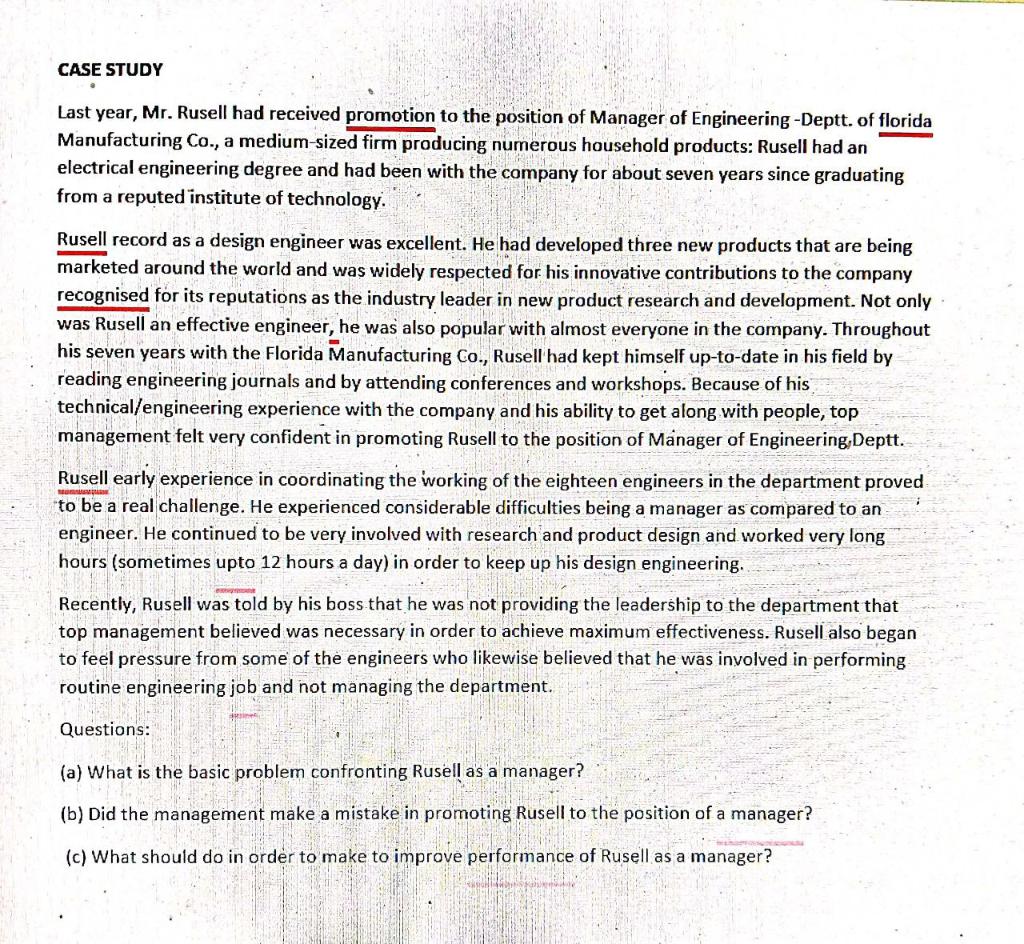 Do it soon CASE STUDY Last year, Mr. Rusell had