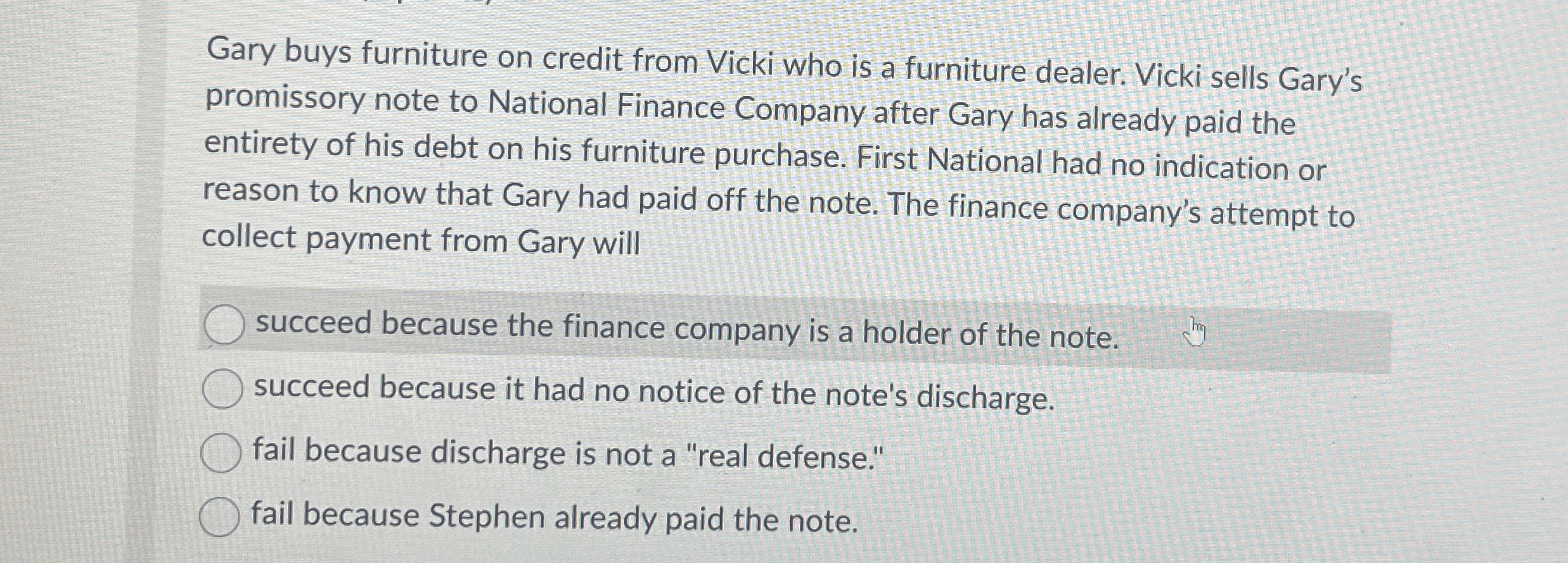 Gary buys furniture on credit from Vicki who is a