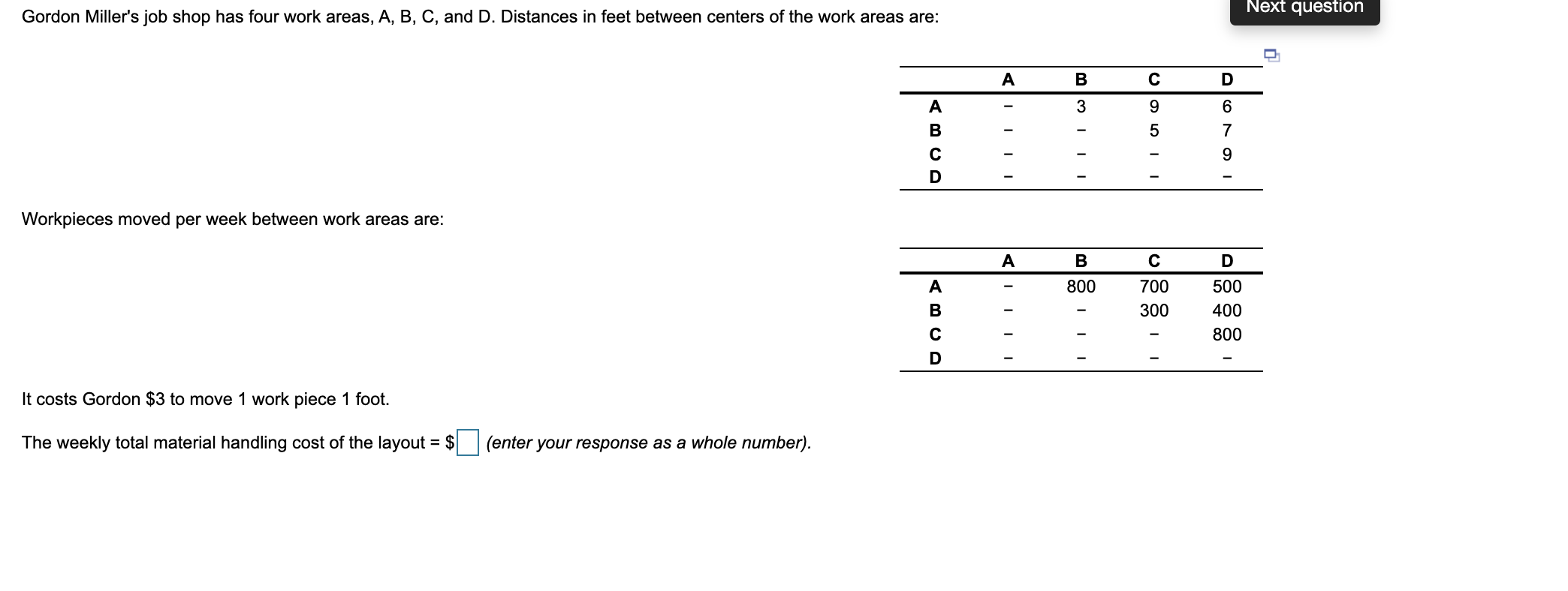 Gordon Miller's job shop has four work areas, A,