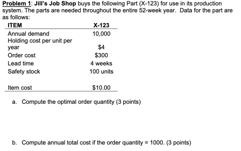 Problem 1: Jill's Job Shop buys the following