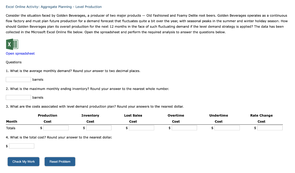 Excel Online Activity: Aggregate Planning - Level