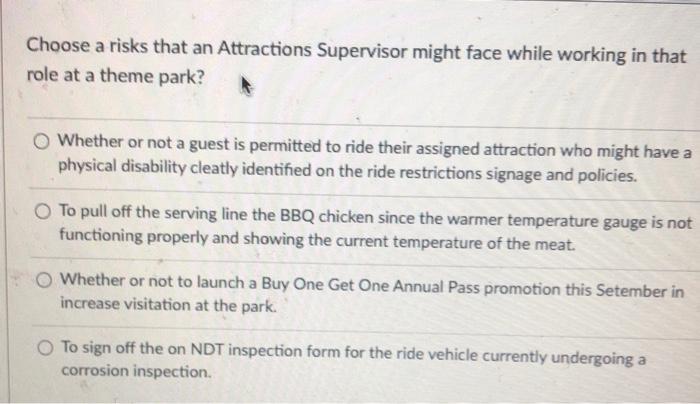 Choose a risks that an Attractions Supervisor