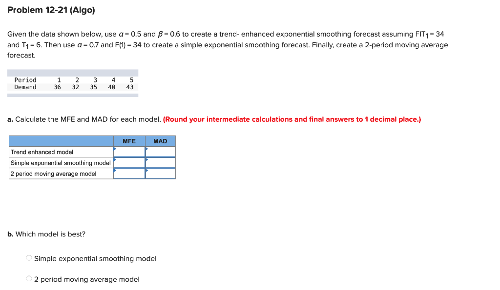 Problem 12-21 (Algo) Given the data shown below,