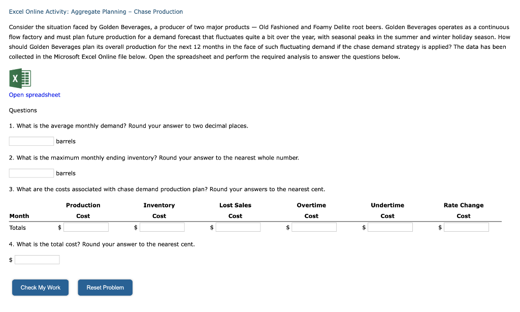 Excel Online Activity: Aggregate Planning - Chase