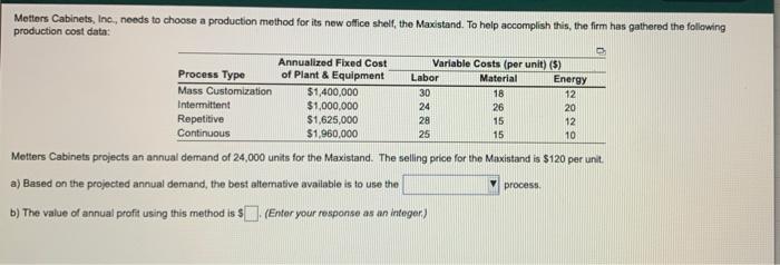 Metters Cabinets, Inc., needs to choose a