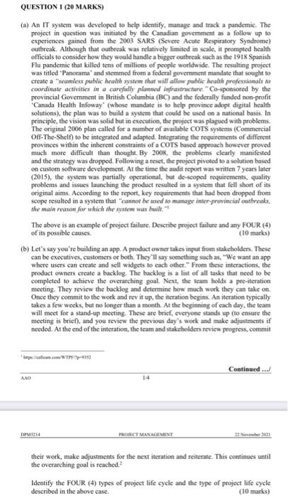 project management QUESTION 1 (20 MARKS) (a) An