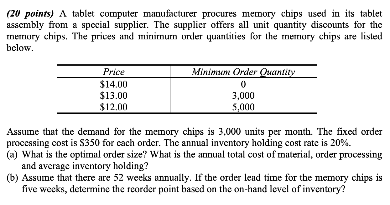 (20 points) A tablet computer manufacturer