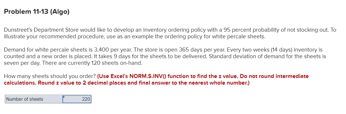 Problem 11-13 (Algo) Dunstreet's Department Store