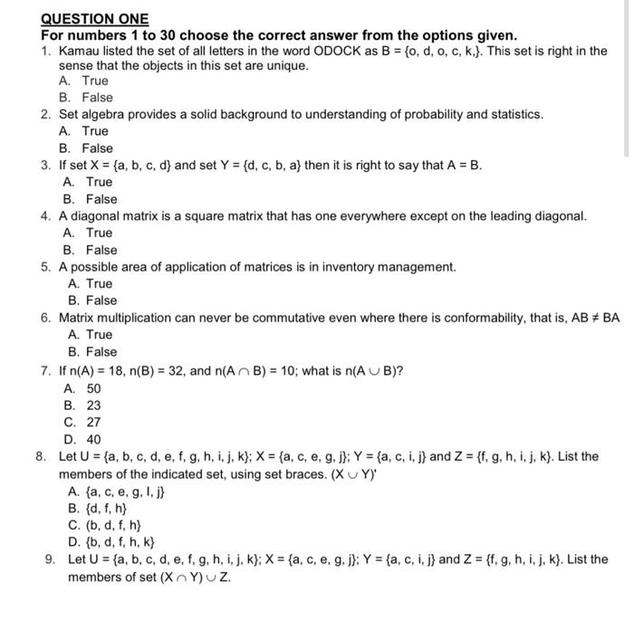 QUESTION ONE For numbers 1 to 30 choose the