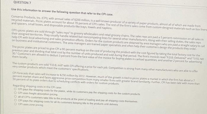 QUESTION 5 Use this information to answer the