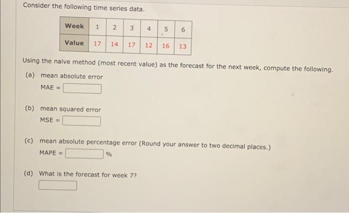 Consider the following time series data. Week 1 2