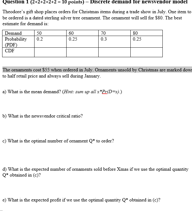 Question 1 (2+2+2+2+2 = 10 points) - Discrete