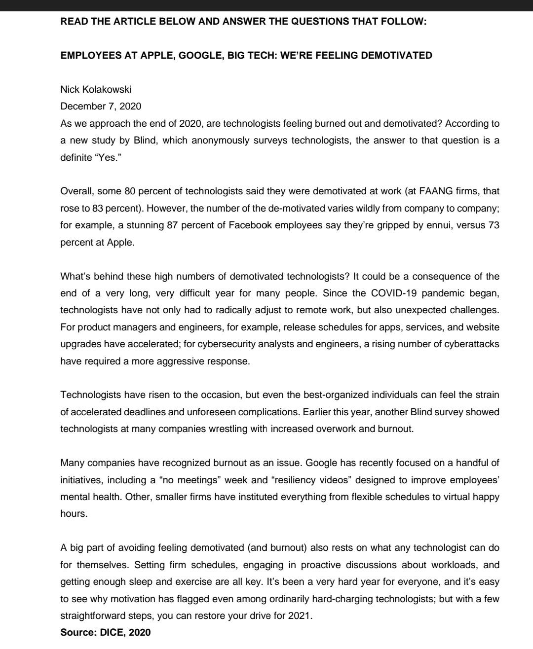 Please answer question 3 based on the article