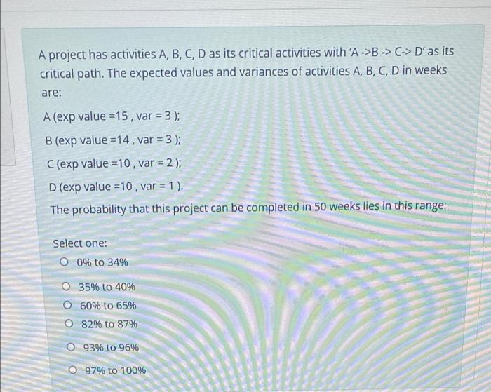 A project has activities A, B, C, D as its
