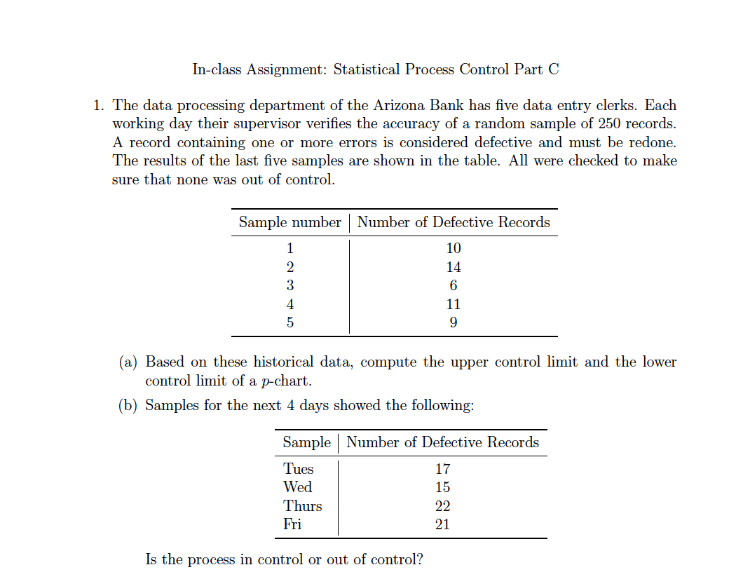 In-class Assignment: Statistical Process Control