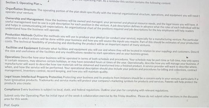 With the information below, create an operating