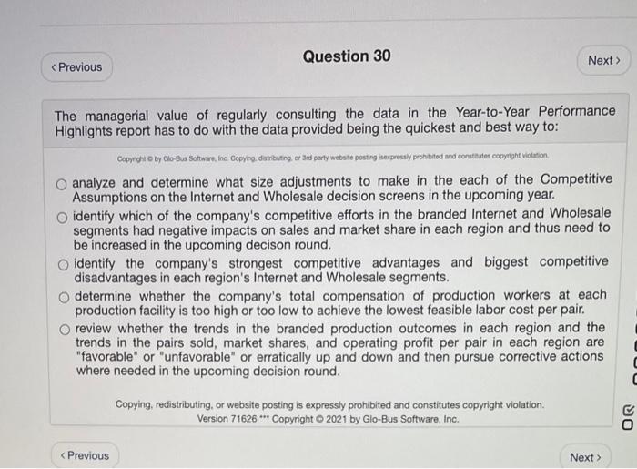 Question 30 Next > < Previous The managerial