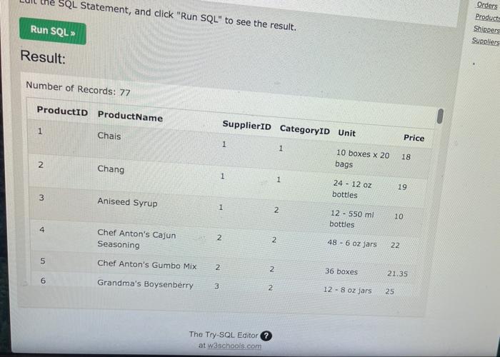 ne SQL Statement, and click "Run SQL" to see the