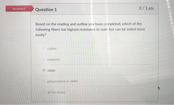 Incorrect Question 1 0/1 pts Based on the reading
