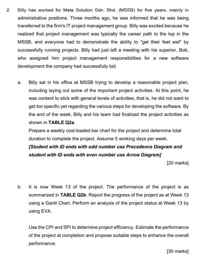 Subject : Project Management 2. Billy has worked