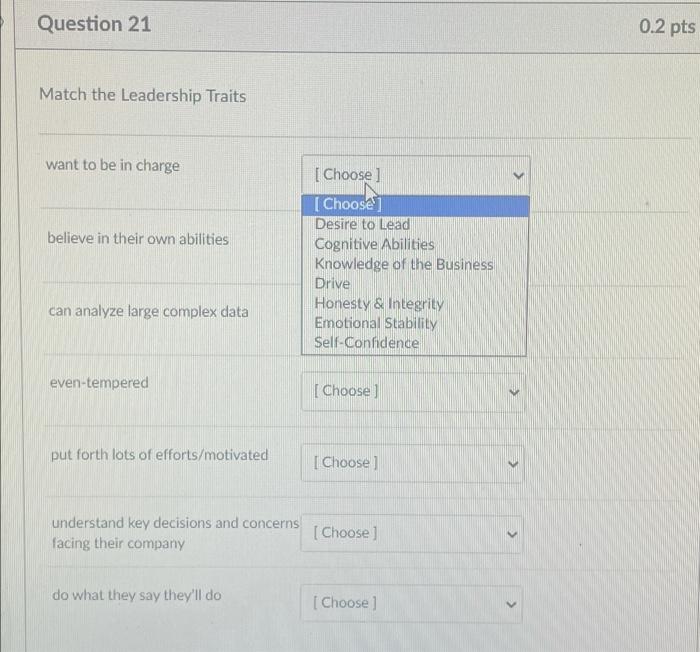Question 21 0.2 pts Match the Leadership Traits