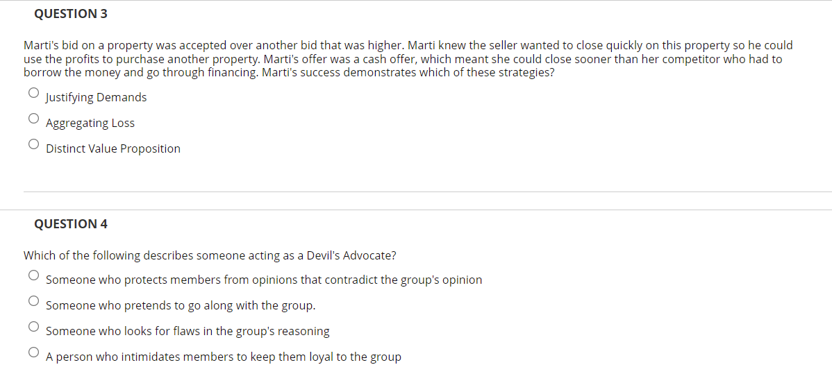 QUESTION 3 Marti's bid on a property was accepted