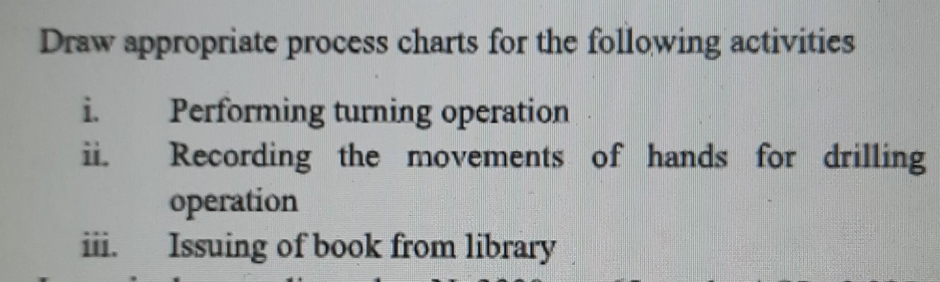 Draw appropriate process charts for the following