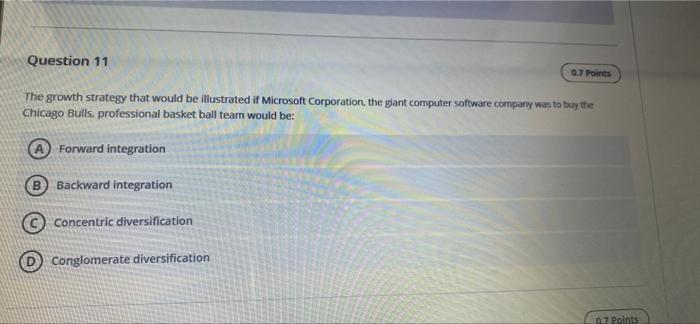 Question 11 0.7 Points The growth strategy that