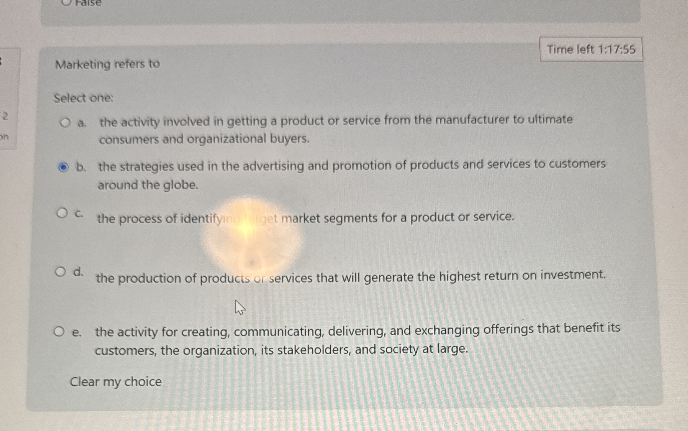 Time left 1 : 1 7 : 5 5 Marketing refers to