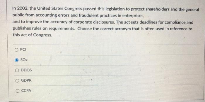 In 2002, the United States Congress passed this
