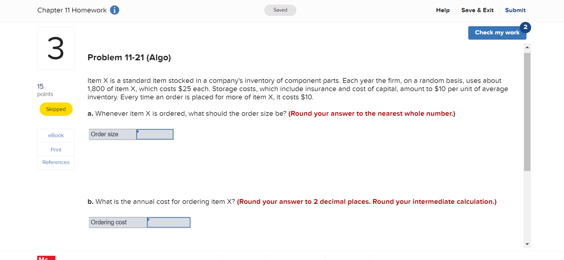 Please help! Chapter 11 Homework Saved Help Save