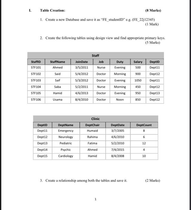 I. Table Creation: (8 Marks) 1. Create a new