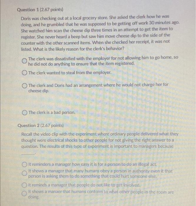 a Question 1 (2.67 points) Doris was checking out