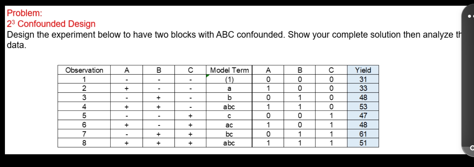 Problem: 2 3 Confounded Design Design the