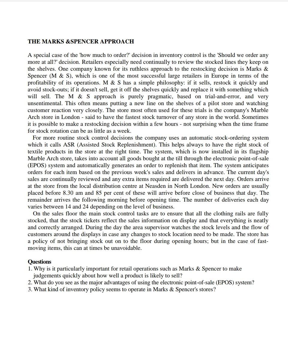 THE MARKS &SPENCER APPROACH A special case of the