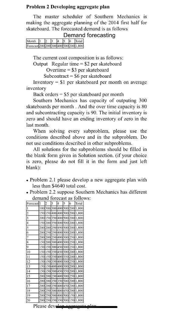 Problem 2 Developing aggregate plan The master