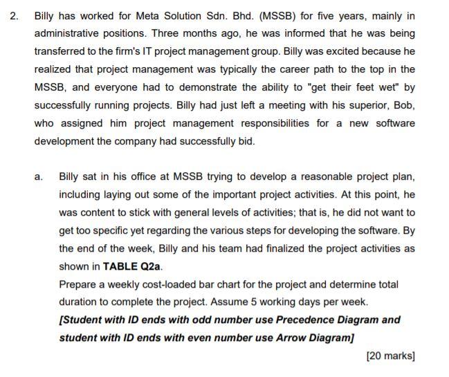 Question 2B only TABLE Q2a Immediate Predecessor
