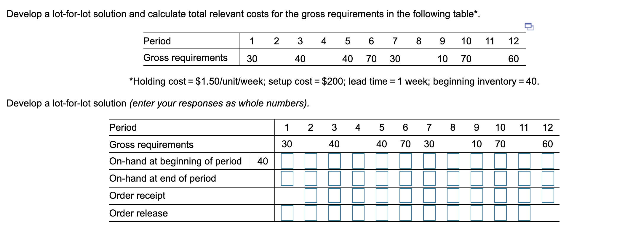 Develop a lot-for-lot solution and calculate