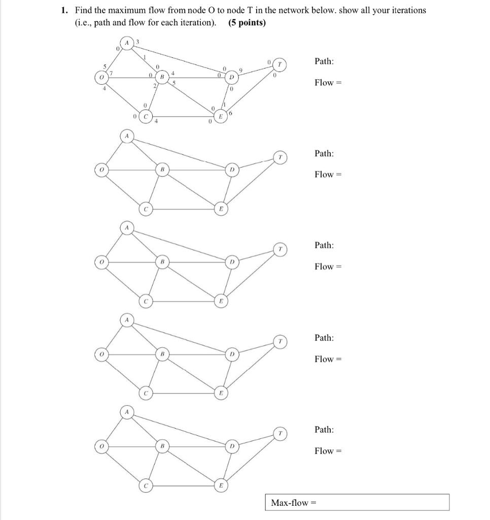 1. Find the maximum flow from node O to node T in